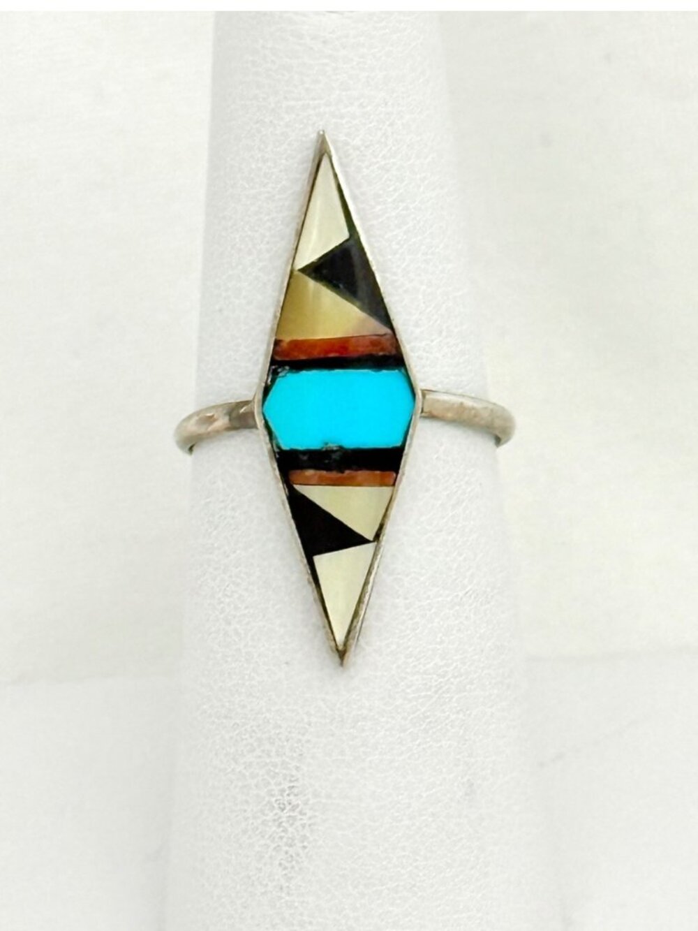 Zuni Sterling Silver Inlay Ring w/Turquoise, Jet, Coral, MOP, & Shell Size 6.5